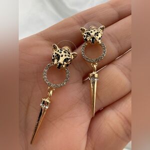 Classic Gold and Diamond Stainless Steel Leopard Drop Earrings